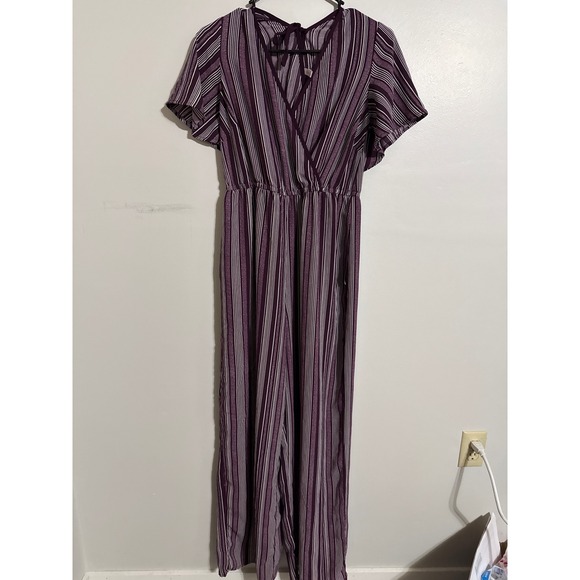 Xhilaration Pants - Xhilaration Purple Striped Wide Leg Jumpsuit Flutter Sleeve Tie Back Small